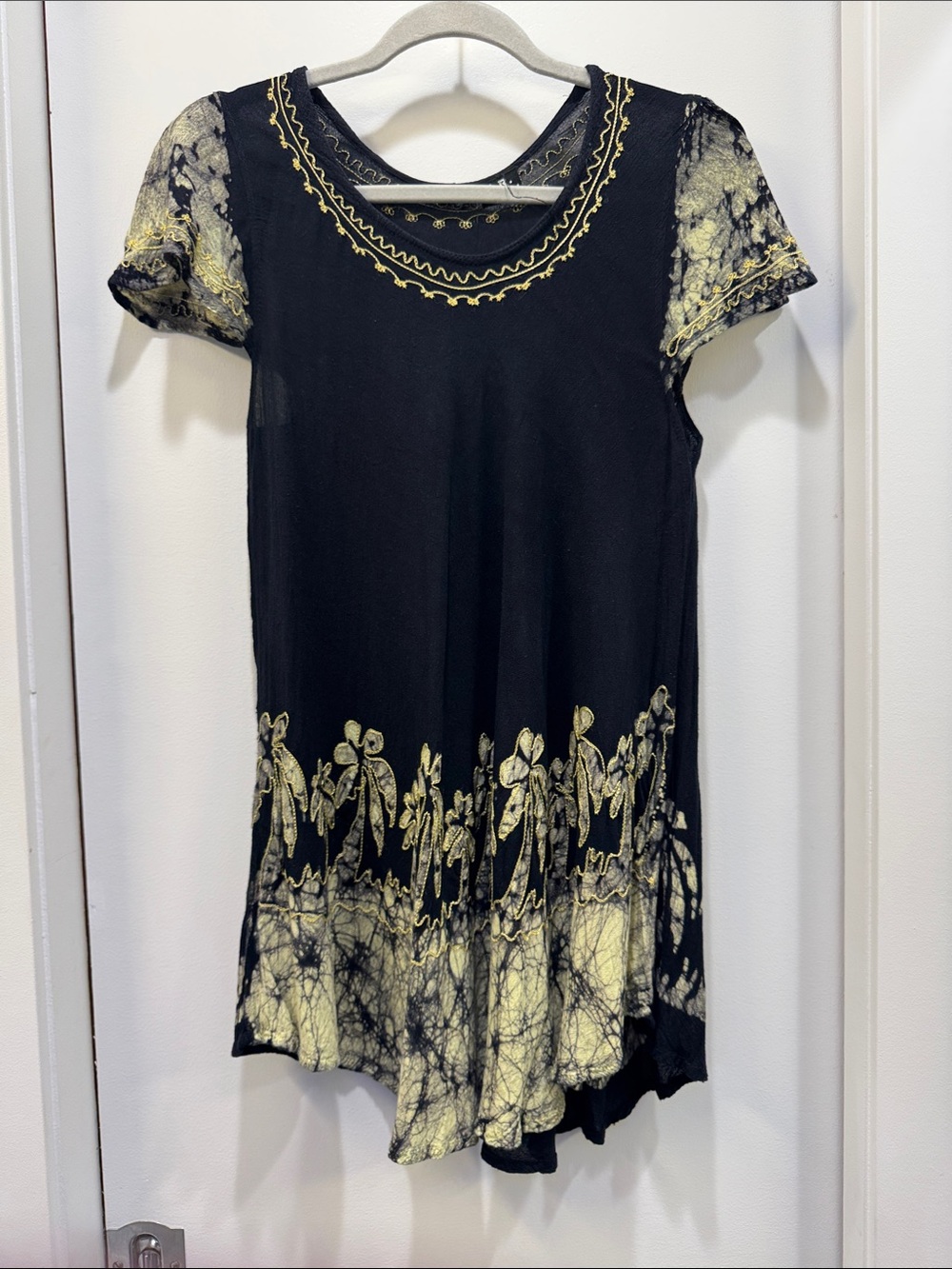 Black Gauze Tunic Top with Green Floral Embroidery